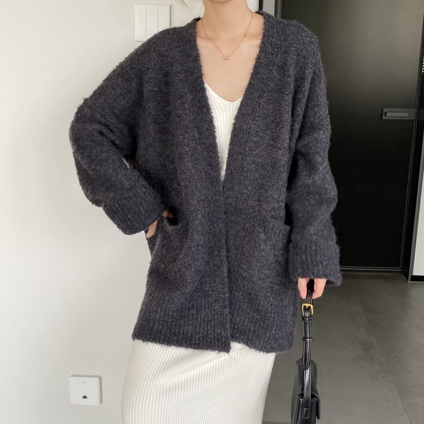 aichashi discover style ideas Women's V-neck Cardigan Coat, Long Sleeve Loose Wool Lazy Sweater