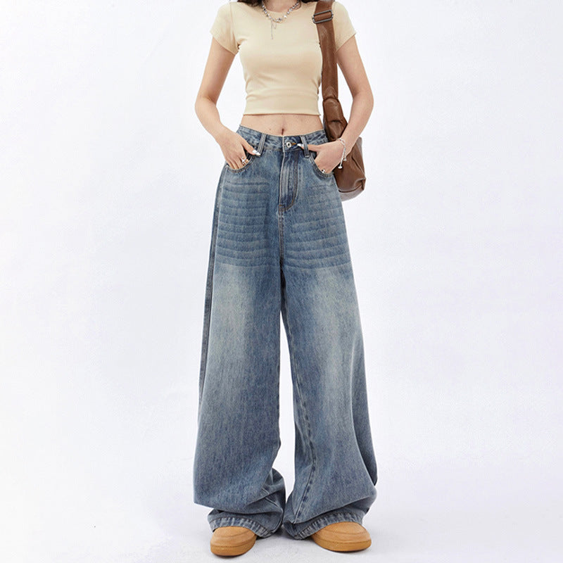 Aichashi going out outfits 2391 Retro Loose Wide-Leg Jeans New Summer High Waist American Draping Straight Slimming Mop Pants Fashion