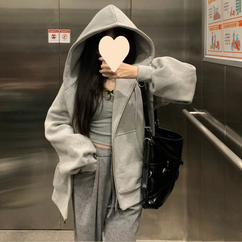 Aichashi 90s streetwear American Casual Gray Hooded Zipper Cardigan Sweater for Women 2024 Autumn New Loose Lazy Style Coat