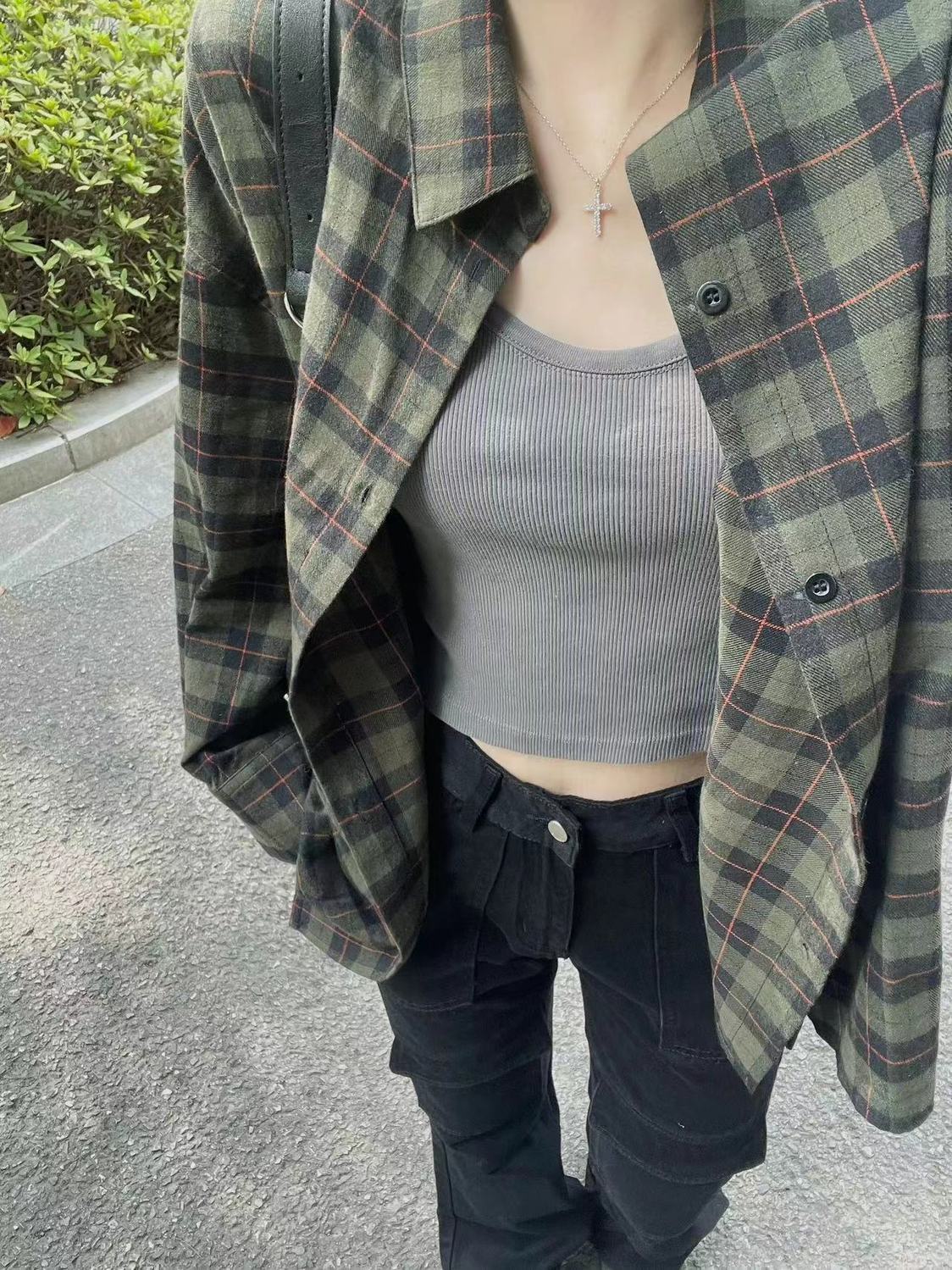 Aichashi grunge outfits Retro Chic Green Plaid Shirt Women's Autumn and Winter Loose Lazy Style Mid-Length Shirt Coat Cardigan Outer Wear