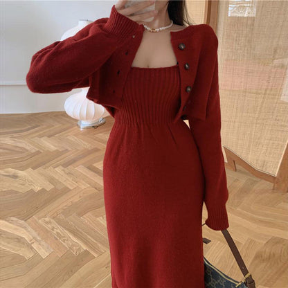 Aichashi korean fashion Korean Style Chanel Style Knitted Cardigan Sweater for Women 2024 Autumn and Winter New Elegant Strap Dress Two-Piece Suit