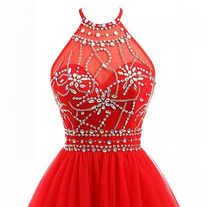 Aichashi dresses Slim-Fit Small Dress Halter Short Bridal Wedding Dress Banquet Evening Dress Lace New Red Women