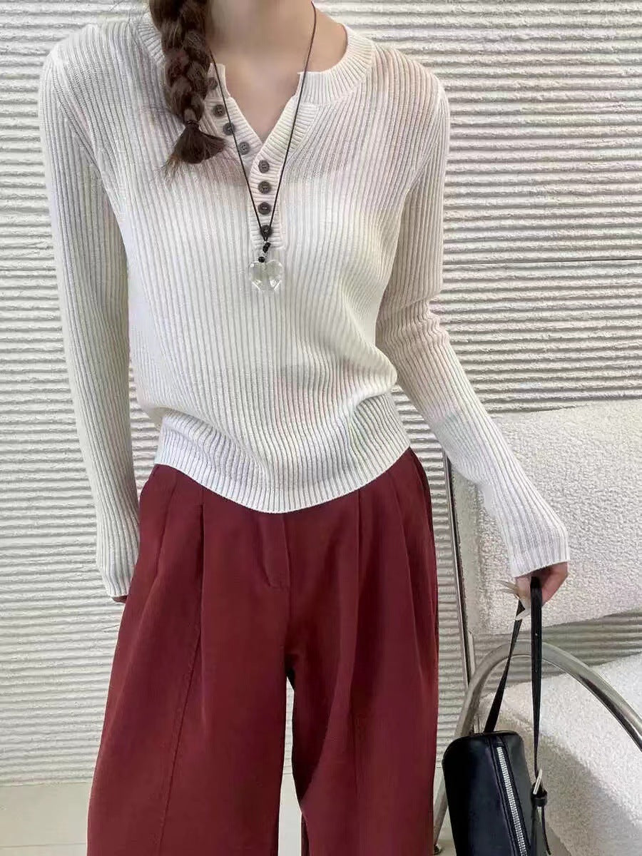 Aichashi birkenstock clogs outfit fall Fashion Pit Striped Sweater Women's Autumn New Scissors Collar Button Slimming Versatile Long Sleeve Bottoming Sweater