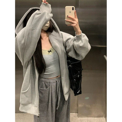 Aichashi 90s streetwear American Casual Gray Hooded Zipper Cardigan Sweater for Women 2024 Autumn New Loose Lazy Style Coat