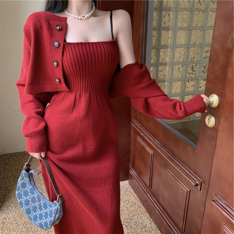 Aichashi korean fashion Korean Style Chanel Style Knitted Cardigan Sweater for Women 2024 Autumn and Winter New Elegant Strap Dress Two-Piece Suit