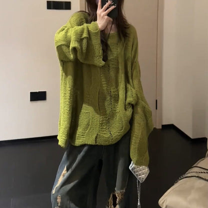 Aichashi grunge outfits Cotton Tea Green Knitted Sweater Slimming Long Sleeve Green Retro Niche Loose Design Sweater Autumn 2024