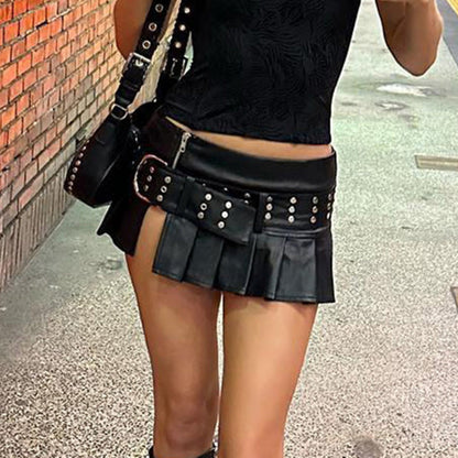 Aichashi 2000s fashion Punk Hot Girl Rivet Belt Split Leather Skirt Fashion Street Sexy Low Waist A- line Pleated Skirt