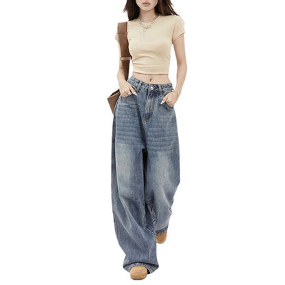 Aichashi going out outfits 2391 Retro Loose Wide-Leg Jeans New Summer High Waist American Draping Straight Slimming Mop Pants Fashion