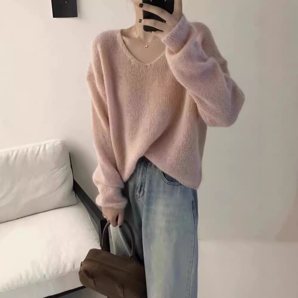 Aichashi fall outfits aesthetic Korean Style Gentle Style Lazy V-neck 100 Wool Sweater for Women 2024 Autumn and Winter New Loose Slimming Sweater Top