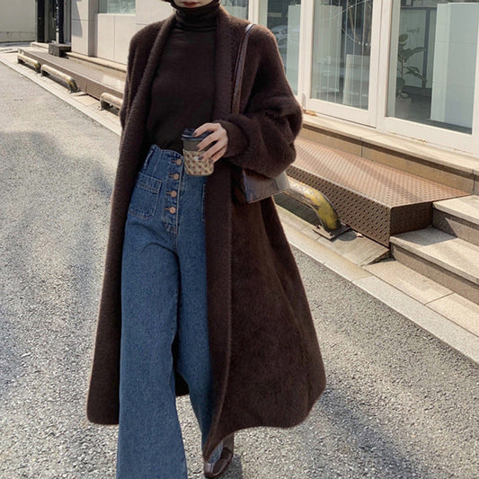 Aichashi 2024 fall fashion trends Korean Style Autumn and Winter New Style Faux Mink Velvet Sweater Women's Cardigan Outer Wear over the Knee Long Loose Overcoat Women's Coat