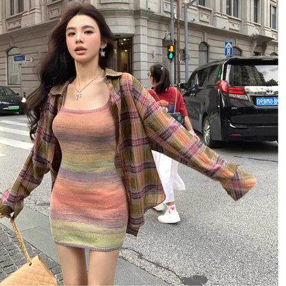 Aichashi grunge outfits Autumn and Winter New Loose Coat Design Sense Niche Retro Versatile Slimming Plaid Long Sleeve Shirt