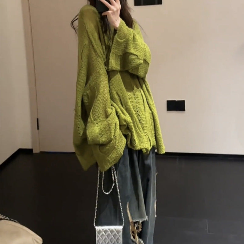 Aichashi grunge outfits Cotton Tea Green Knitted Sweater Slimming Long Sleeve Green Retro Niche Loose Design Sweater Autumn 2024