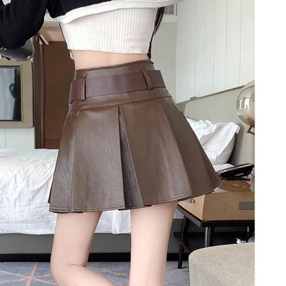 Aichashi 2000s fashion American High Waist Pleated Skirt Autumn and Winter Slimming New Pleated Skirt Hot Girl PU Leather Skirt Skirt