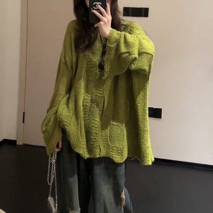 Aichashi grunge outfits Cotton Tea Green Knitted Sweater Slimming Long Sleeve Green Retro Niche Loose Design Sweater Autumn 2024