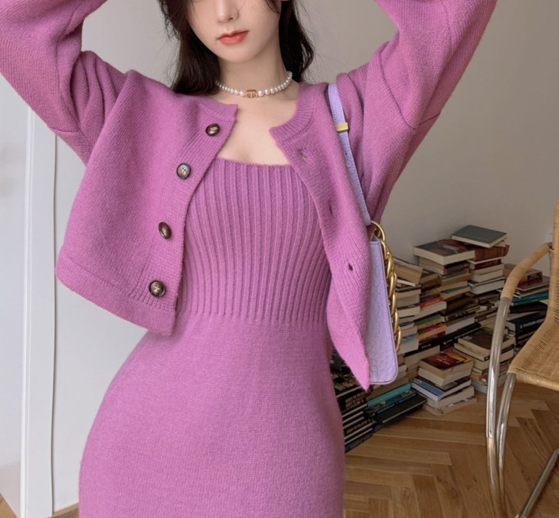 Aichashi korean fashion Korean Style Chanel Style Knitted Cardigan Sweater for Women 2024 Autumn and Winter New Elegant Strap Dress Two-Piece Suit