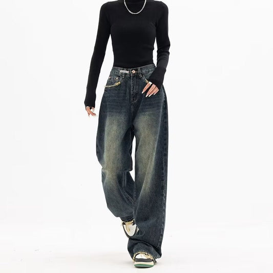 Aichashi 2000s fashion Harajuku Fashion High Waist Women's Spring and Autumn New All-Match Zipper Light Color Washed Trendy Jeans Simple Straight Pants