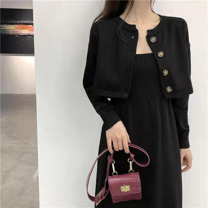 Aichashi korean fashion Korean Style Chanel Style Knitted Cardigan Sweater for Women 2024 Autumn and Winter New Elegant Strap Dress Two-Piece Suit