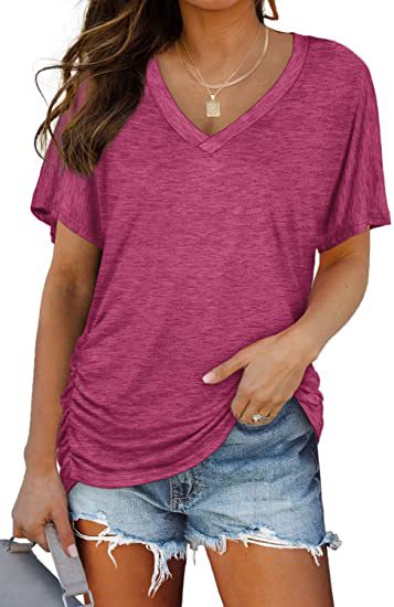 Aichashi discover style ideas Women's New Solid Color Batwing Sleeve Side Pleated V-neck Short Sleeve Women's T-shirt