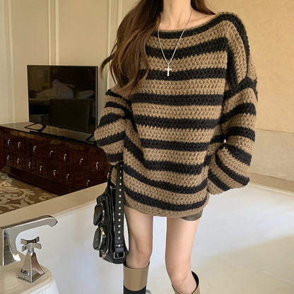 Aichashi fall outfits women aesthetic Autumn and Winter New Retro Striped off-Neck Sweater Loose Lazy Style Age-Reducing Versatile Pullover Sweater for Women