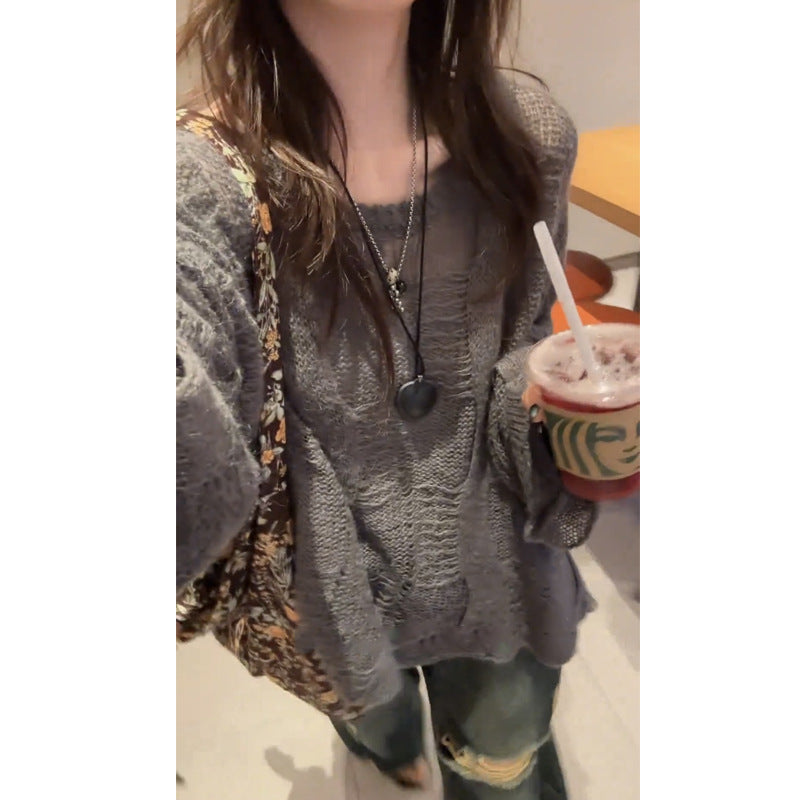 Aichashi grunge outfits Cotton Tea Green Knitted Sweater Slimming Long Sleeve Green Retro Niche Loose Design Sweater Autumn 2024