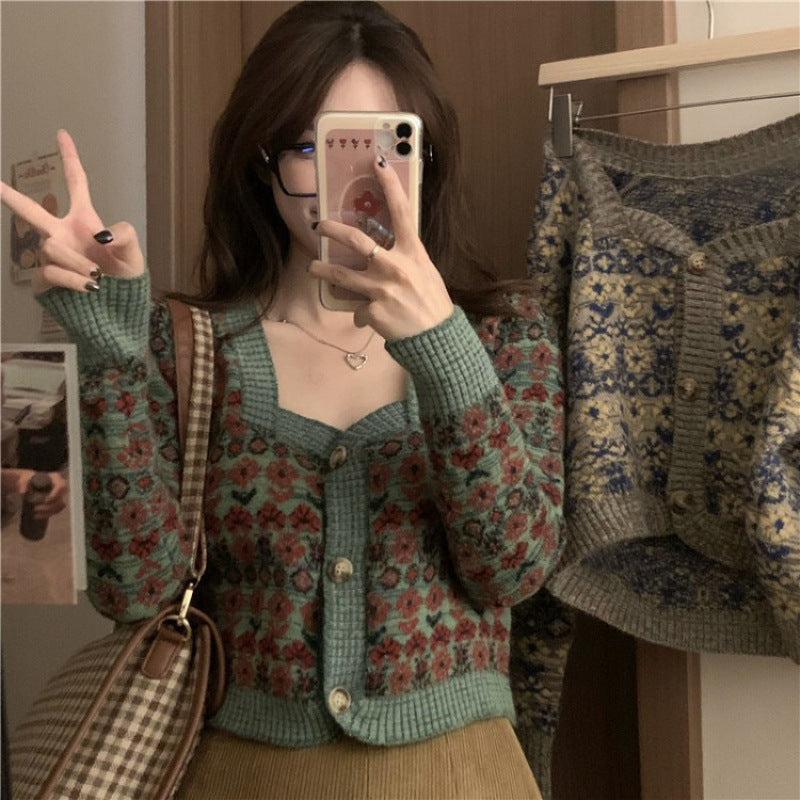 Aichashi fall outfits aesthetic Fall New Korean Style Elegant Retro Flower Age-Reducing Sweet Knitted Sweater Long Sleeve Cardigan Coat for Women