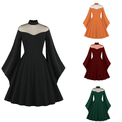 Aichashi dress to impress retro glamour New Halloween Black Queen Mesh Bell Sleeve Stitching Retro Dress