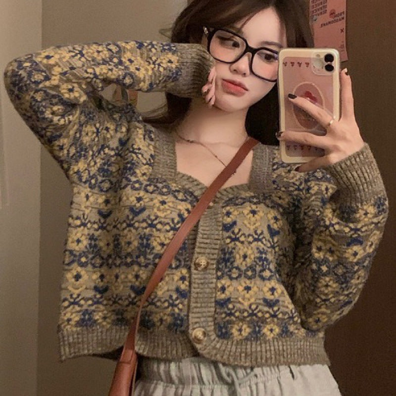 Aichashi fall outfits aesthetic Fall New Korean Style Elegant Retro Flower Age-Reducing Sweet Knitted Sweater Long Sleeve Cardigan Coat for Women