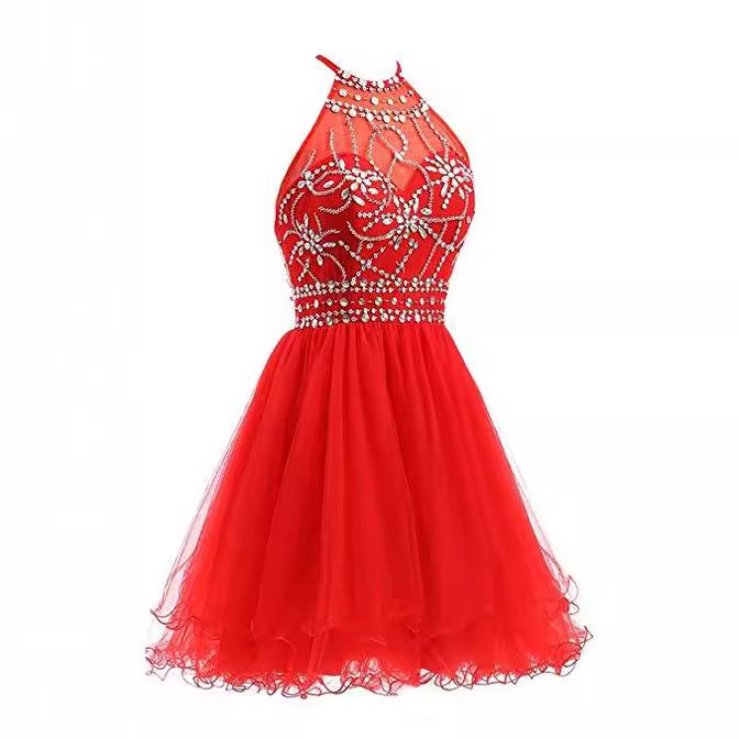 Aichashi dresses Slim-Fit Small Dress Halter Short Bridal Wedding Dress Banquet Evening Dress Lace New Red Women