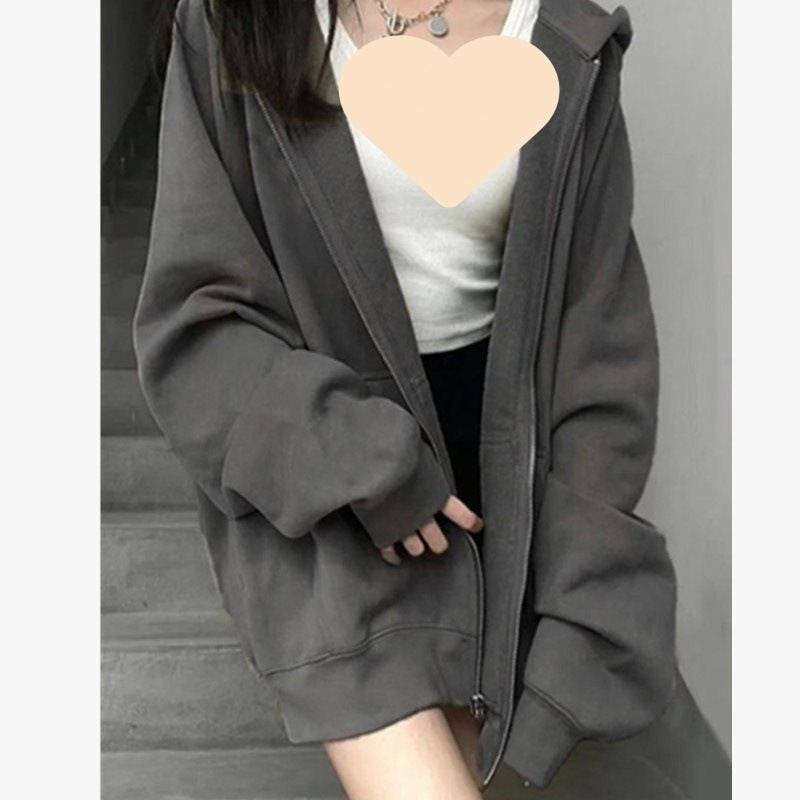 Aichashi 90s streetwear American Casual Gray Hooded Zipper Cardigan Sweater for Women 2024 Autumn New Loose Lazy Style Coat