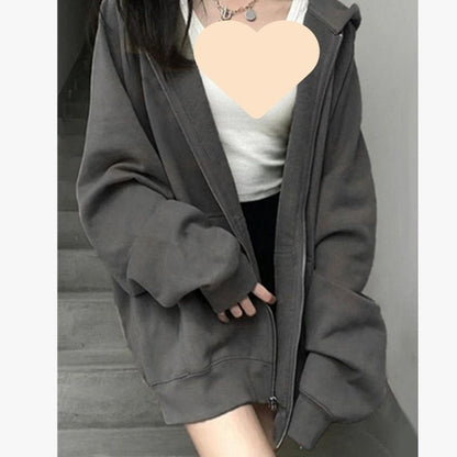 Aichashi 90s streetwear American Casual Gray Hooded Zipper Cardigan Sweater for Women 2024 Autumn New Loose Lazy Style Coat