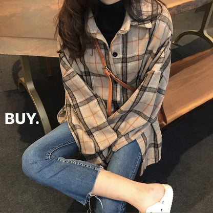 Aichashi college outfits aesthetic Brushed Lapel Plaid Shirt Women's Clothing Winter New Retro Hong Kong Style French Fashion Top Student Coat