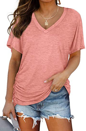 Aichashi discover style ideas Women's New Solid Color Batwing Sleeve Side Pleated V-neck Short Sleeve Women's T-shirt