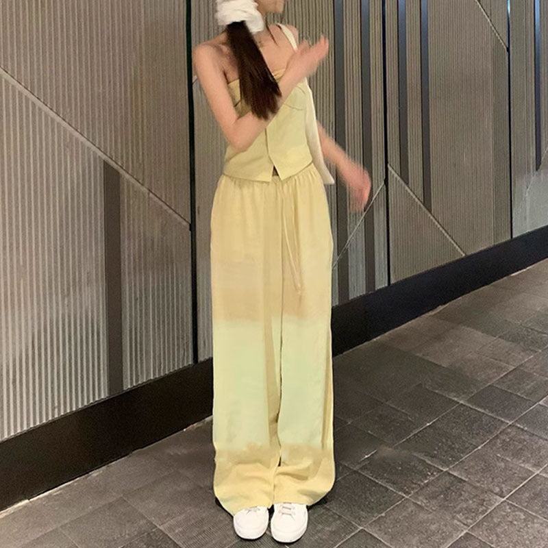 Aichashi first day of school outfit summer Old Qian Style Tube Top Mop Pants Suit Cotton Linen Wide Leg Pants Casual Pants Women's Summer Design Sense Niche 2-Piece Suit