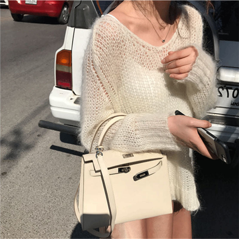 Aichashi fall outfits aesthetic Hollow-out Knitted Blouse Early Autumn New Loose Outer Wear Lazy Pullover Mohair Thin Sweater