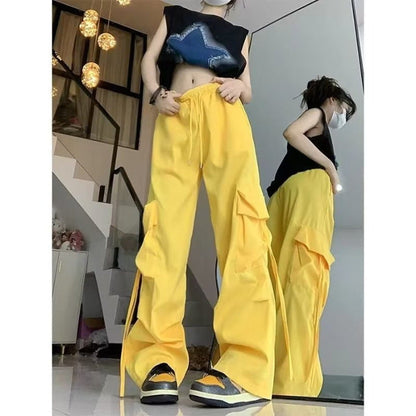 Aichashi outfit ideas for school American Retro Overalls Women's Summer High Waist Straight Wide Leg Pants Design Loose Casual Mopping Pants