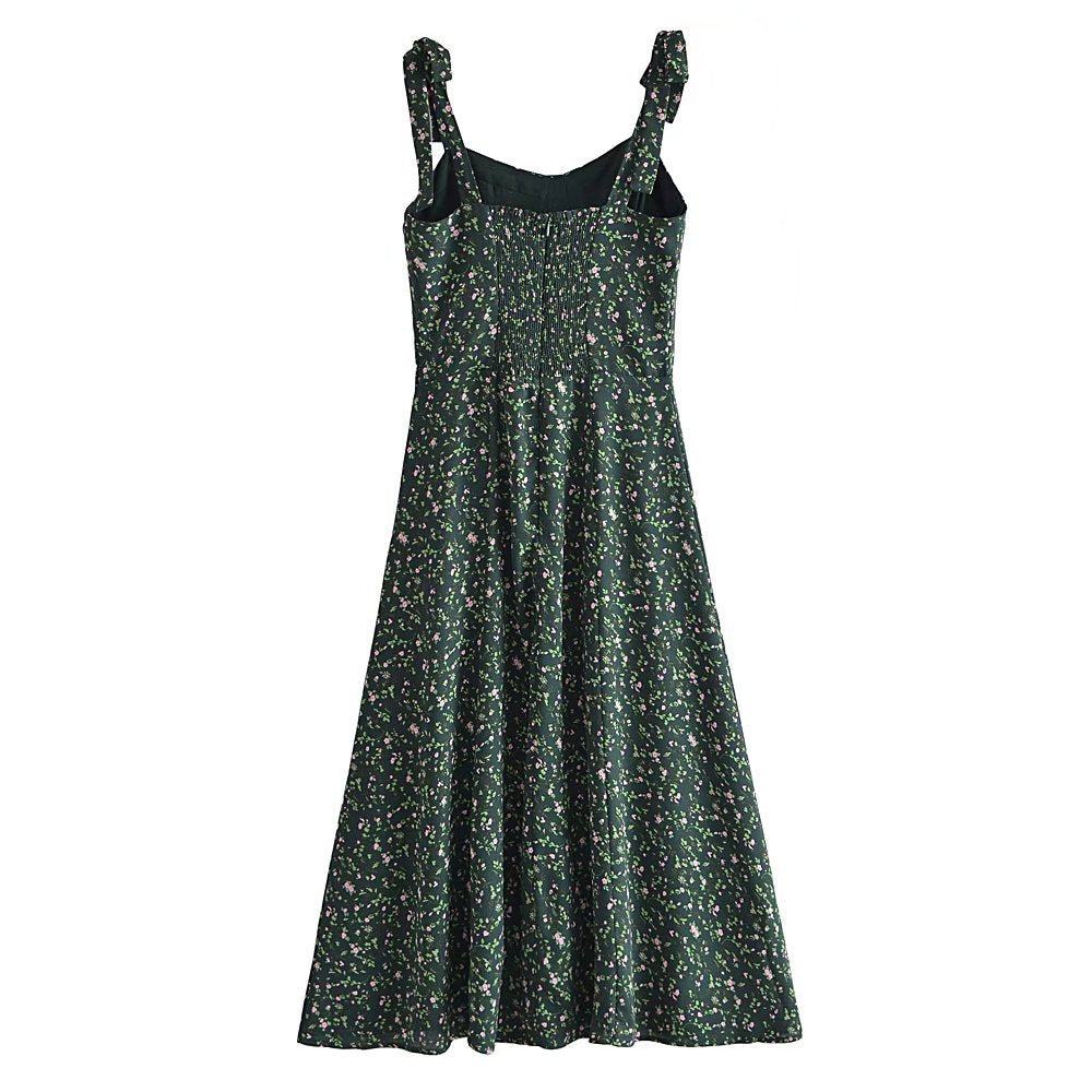 Aichashi indie dress to impress Summer French Style Retro Dark Green Small Floral Slim Waist Long Sling Dress