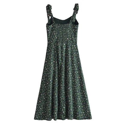 Aichashi indie dress to impress Summer French Style Retro Dark Green Small Floral Slim Waist Long Sling Dress