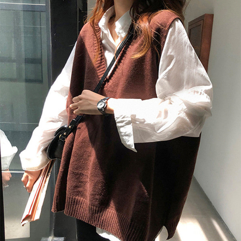 Aichashi fall outfits women Spring New Korean Style All-Match Vest Vest Lazy Style Sweater Female Student Loose Sleeveless Sweater