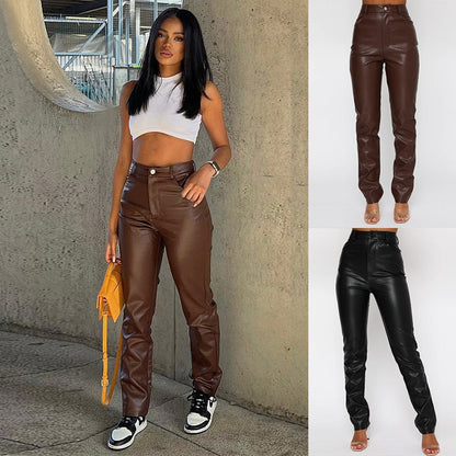 Aichashi lookbook outfits 2024 Autumn and Winter New Pure Color PU Leather Slim-Fit Leisure Pants for Women