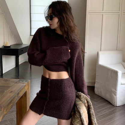 Aichashi fall fashion 2024 Winter New Fashion Solid Color Sweater Hot Girl Knitted Hip Skirt Two-Piece Suit for Women