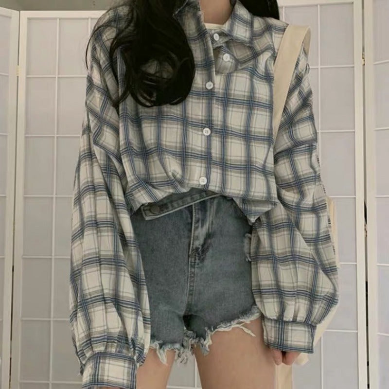 Aichashi grunge outfits Plaid Shirt Women's Loose Korean-Style Mid-Length Retro Hong Kong Style Versatile Bf Long Sleeve Ins Coat Fashion