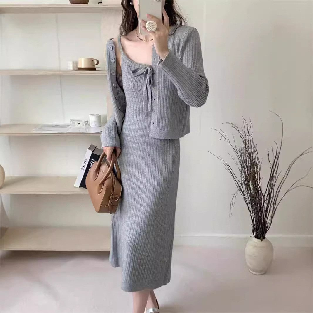 Aichashi comfy school outfits Autumn and Winter Wear Two-Piece Women's Korean-Style Elegant Bottoming Knitted Dress + Lazy Sweater Coat Lace-up Top