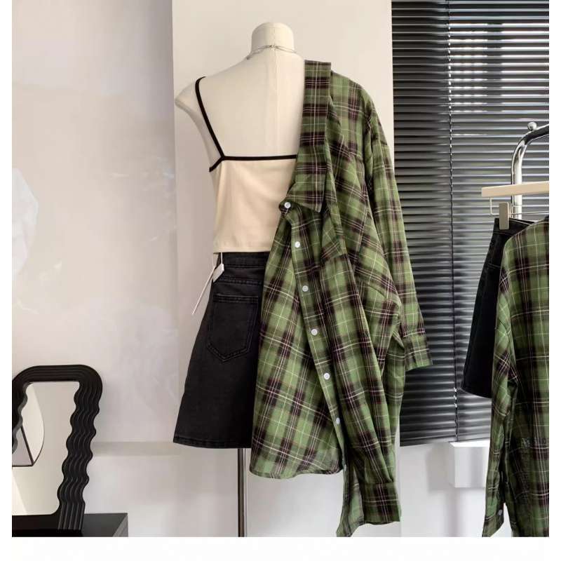 Aichashi grunge outfits Women's White and Green Plaid Shirt, Large Loose Plaid Coat for Spring and Summer