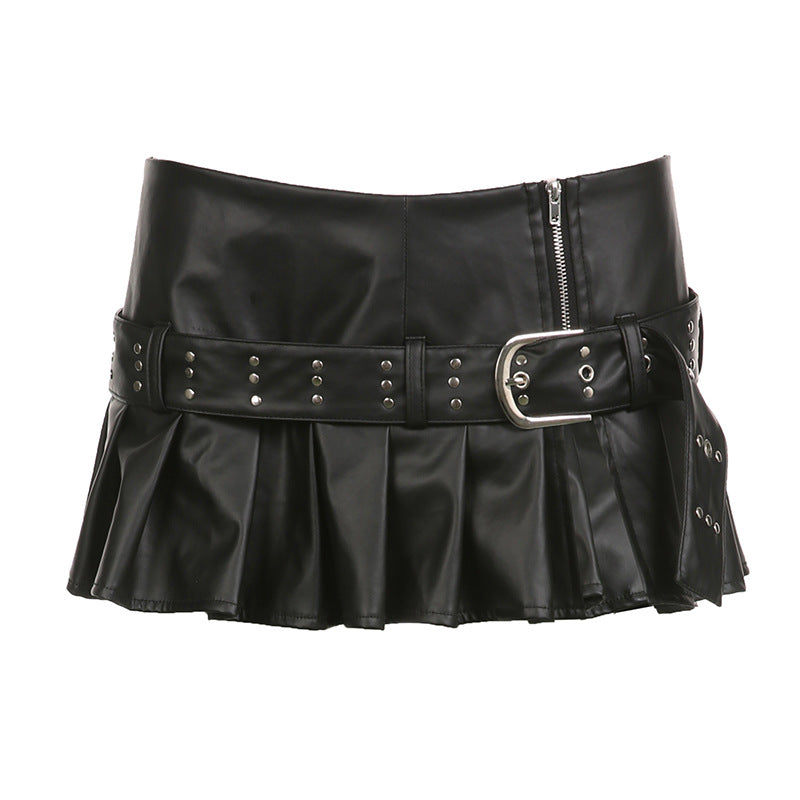 Aichashi 2000s fashion Punk Hot Girl Rivet Belt Split Leather Skirt Fashion Street Sexy Low Waist A- line Pleated Skirt