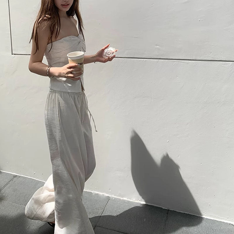 Aichashi first day of school outfit summer Old Qian Style Tube Top Mop Pants Suit Cotton Linen Wide Leg Pants Casual Pants Women's Summer Design Sense Niche 2-Piece Suit