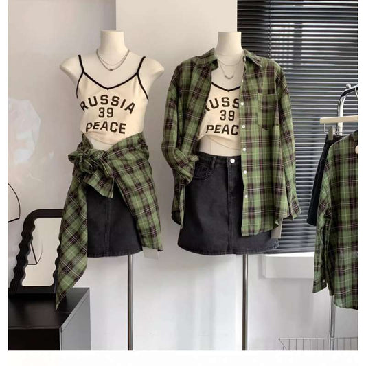 Aichashi grunge outfits Women's White and Green Plaid Shirt, Large Loose Plaid Coat for Spring and Summer