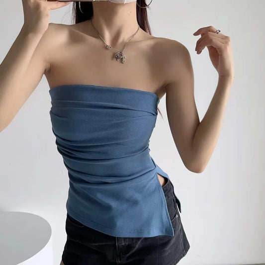 Aichashi halter tops off-Shoulder Pleated Tube Top Pure Desire Ins Style Holiday Vest Women's Summer Slim Slimming Backless Top