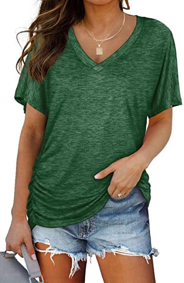 Aichashi discover style ideas Women's New Solid Color Batwing Sleeve Side Pleated V-neck Short Sleeve Women's T-shirt