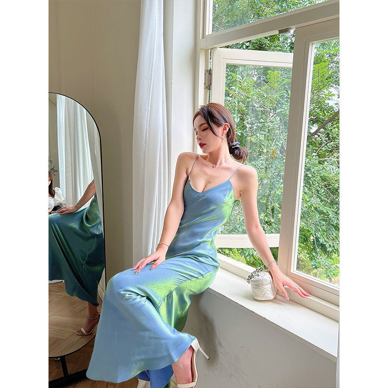 Aichashi dresses Same Day Delivery Summer New Green Mermaid Sling Super Long Dress Smooth Draping Slim Dress