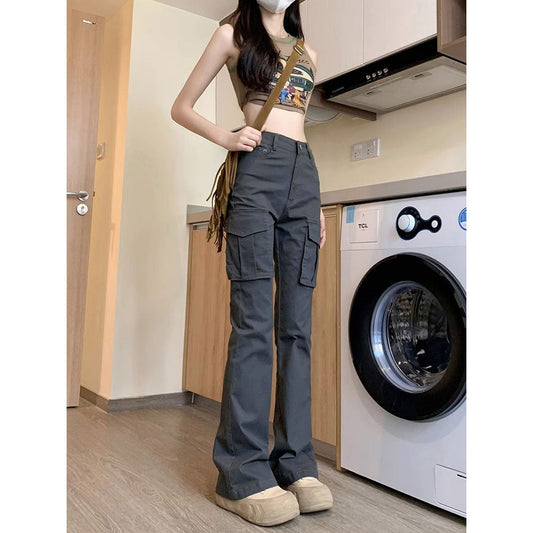 Aichashi comfy school outfits American Style Micro Horn Overalls for Women Spring and Autumn New High Waist Slimming Retro Hot Girl Drape Horseshoe Pants Fashion